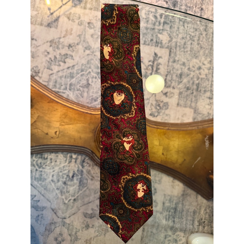 Vintage 1993 Looney Tunes Taz Tasmanian Devil Paisley Tie Mens Burgundy 90s